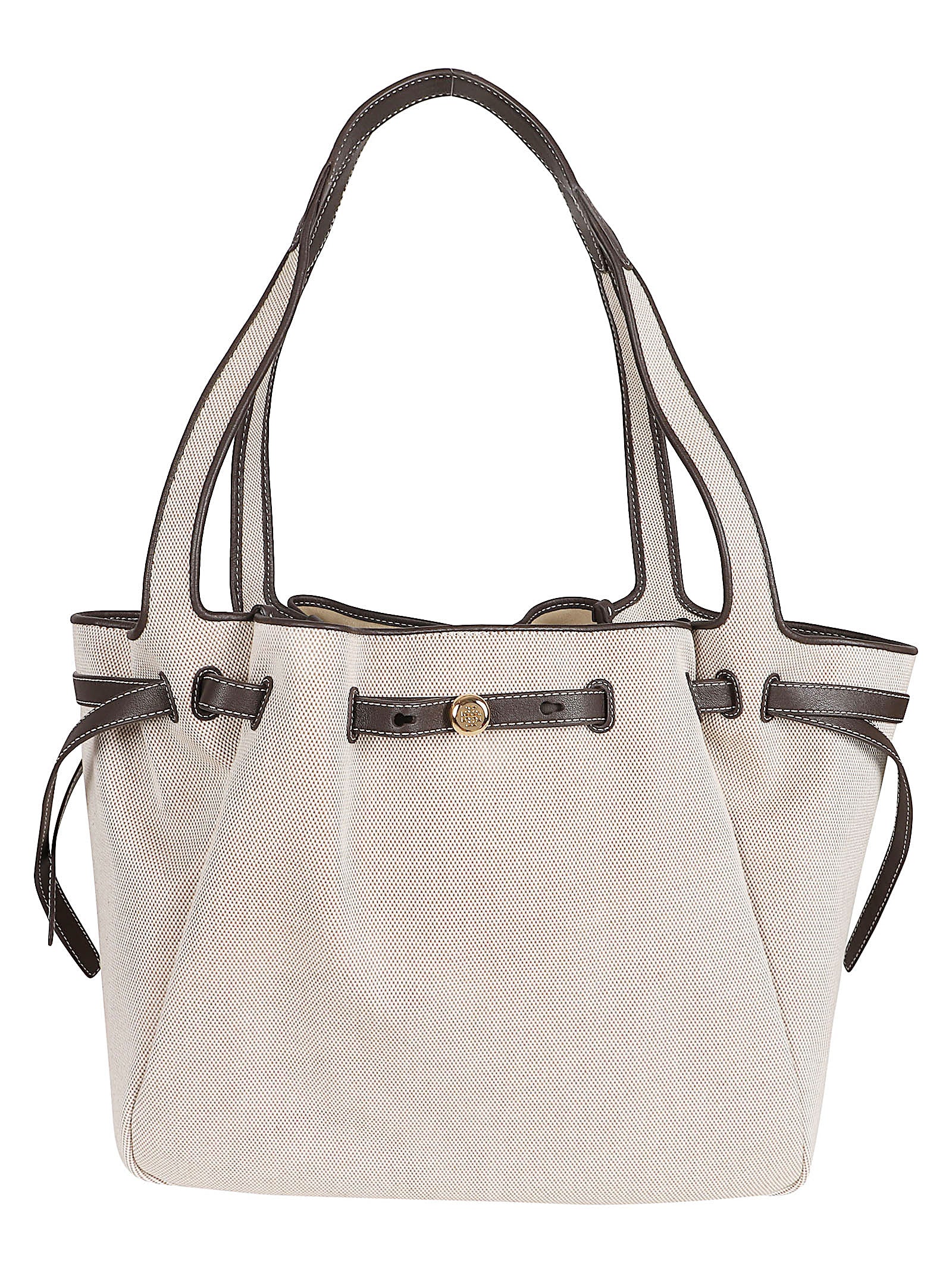 Textured Cotton Tote Bag with Leather Trim and Adjustable Width