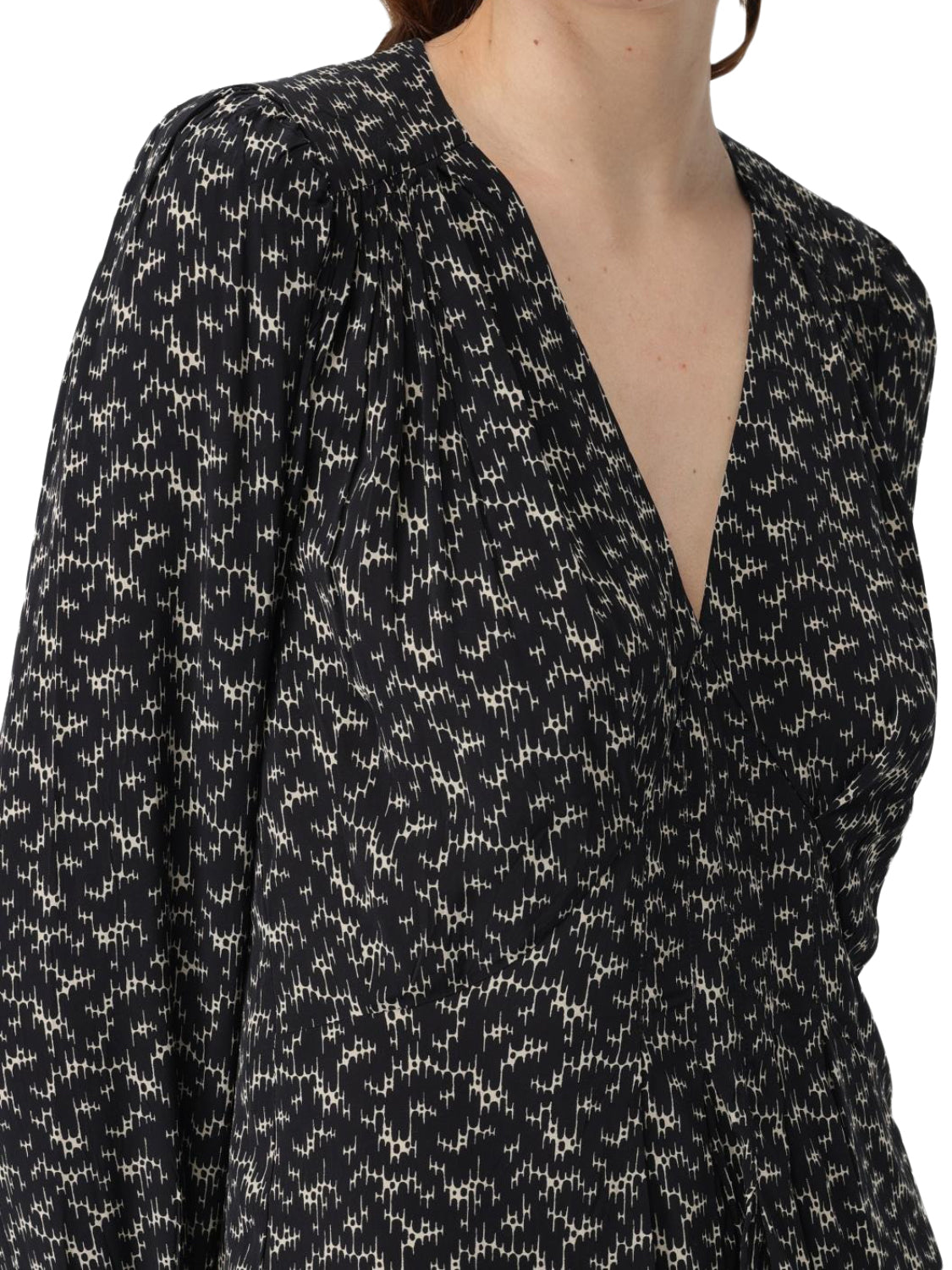 Floral-Pattern V-Neck Tunic with Pleated Waist