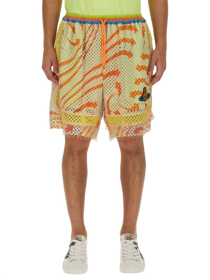 Print Mesh Shorts With Fringed Hem