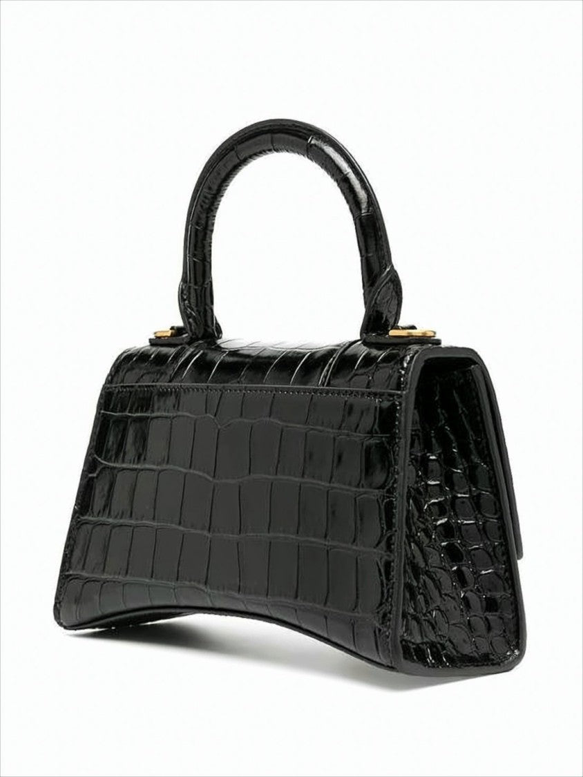 Glossy Black Crocodile-Embossed Shoulder Bag With Gold Logo Clasp