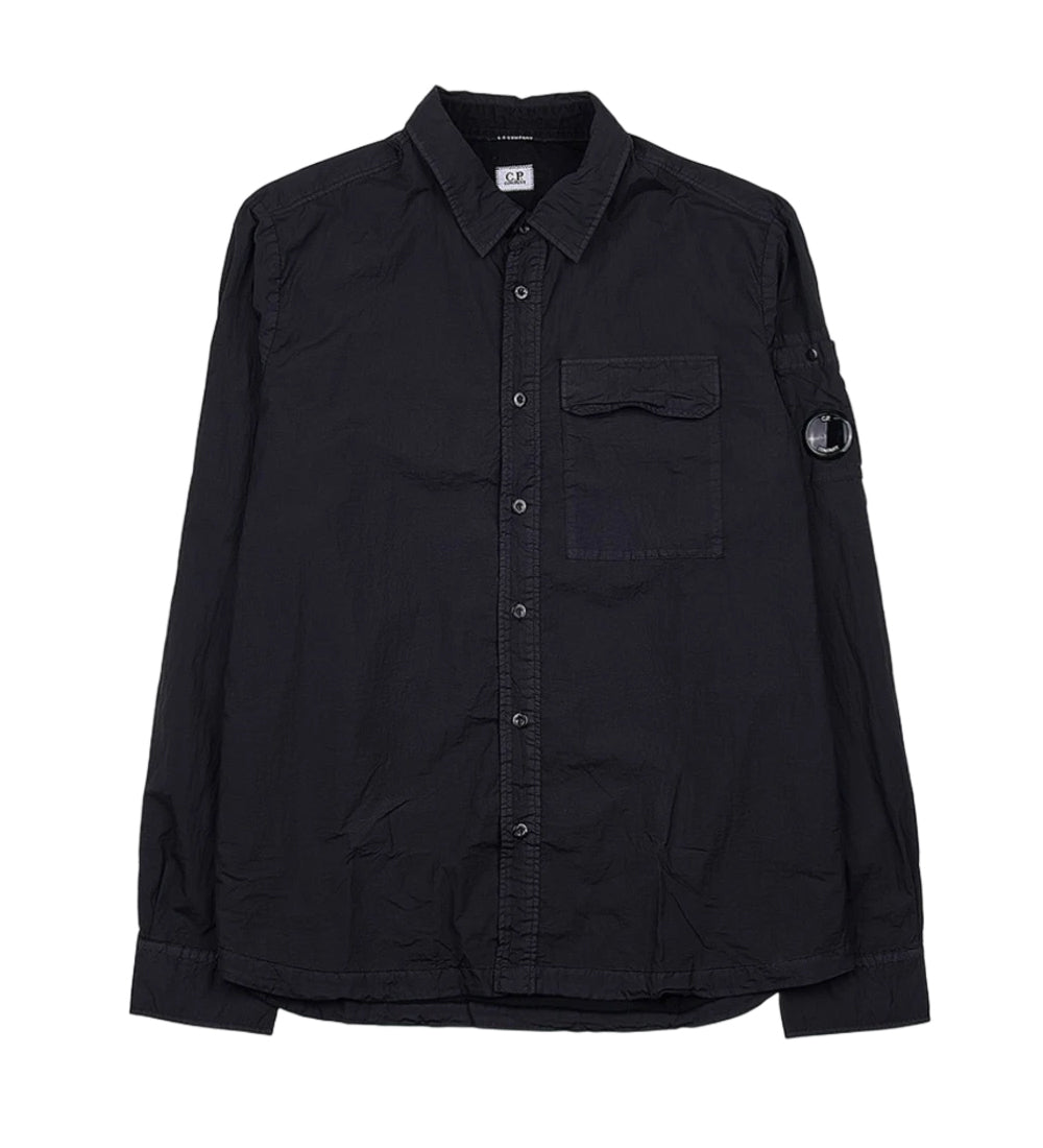 Minimalist Black Button-Up Jacket With Unique Lens Detail