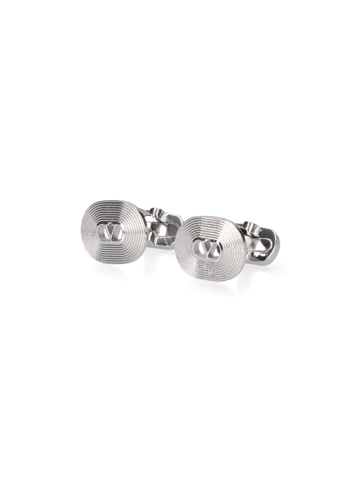 Oval-Shaped Silver Metallic Cufflinks with VLogo Detail