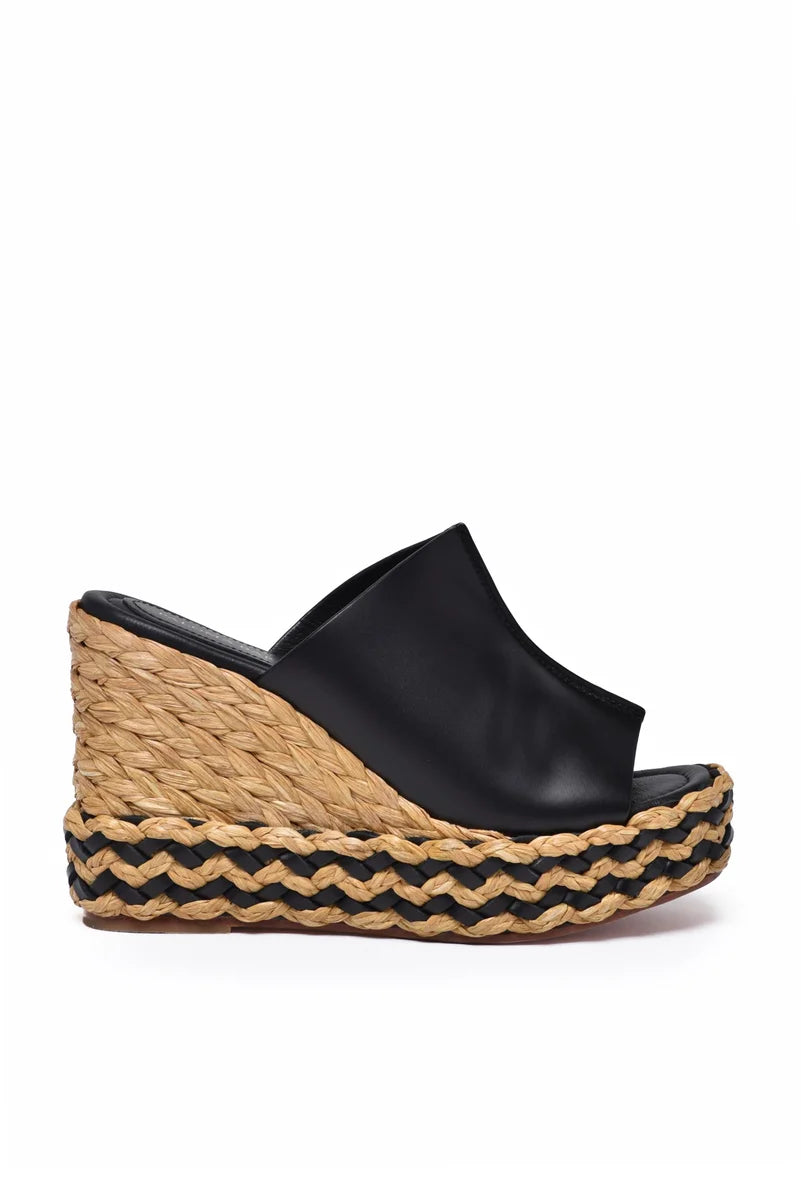 Raffia Wedge Mules - Black