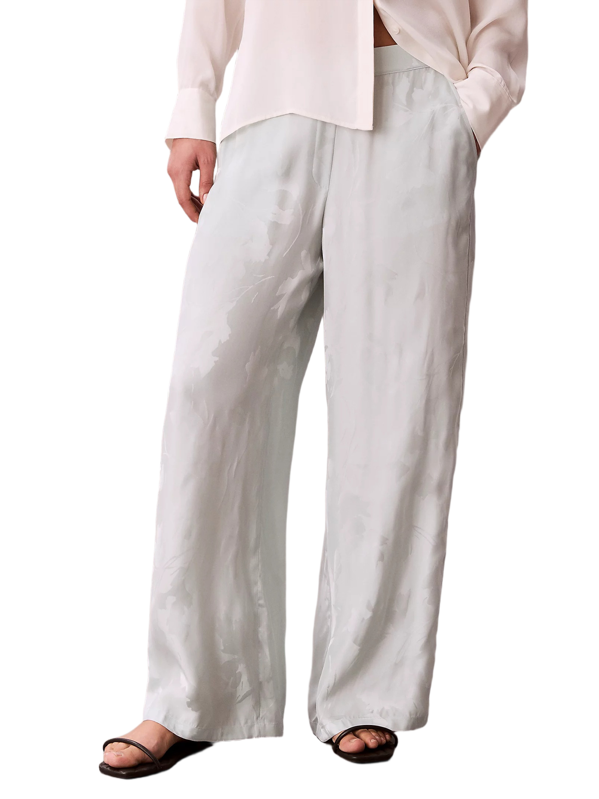 White Viscose Jacquard Elastic Waistband Pants