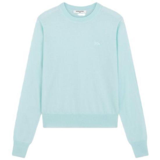 Light Blue Wool Cardigan With Classic Crew Neckline And Subtle Embroidery