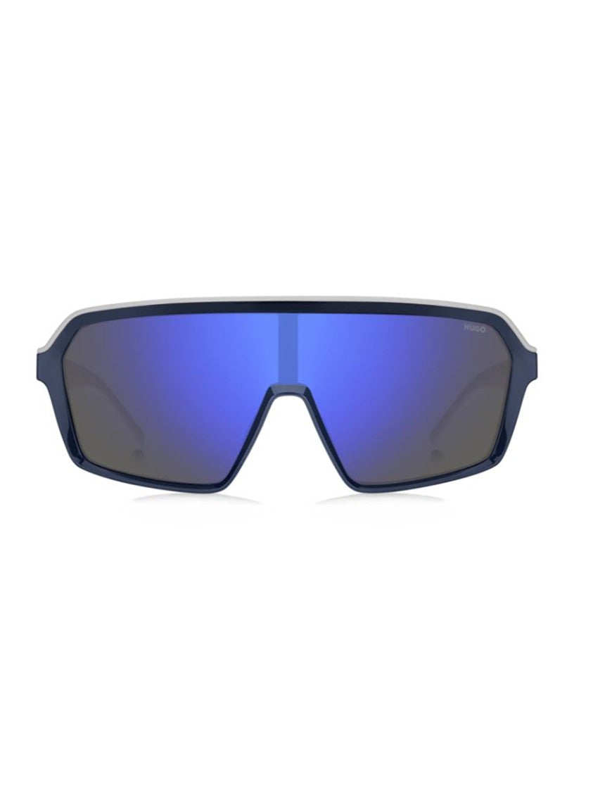 Bold Angular Sunglasses With Mirrored Blue Lenses