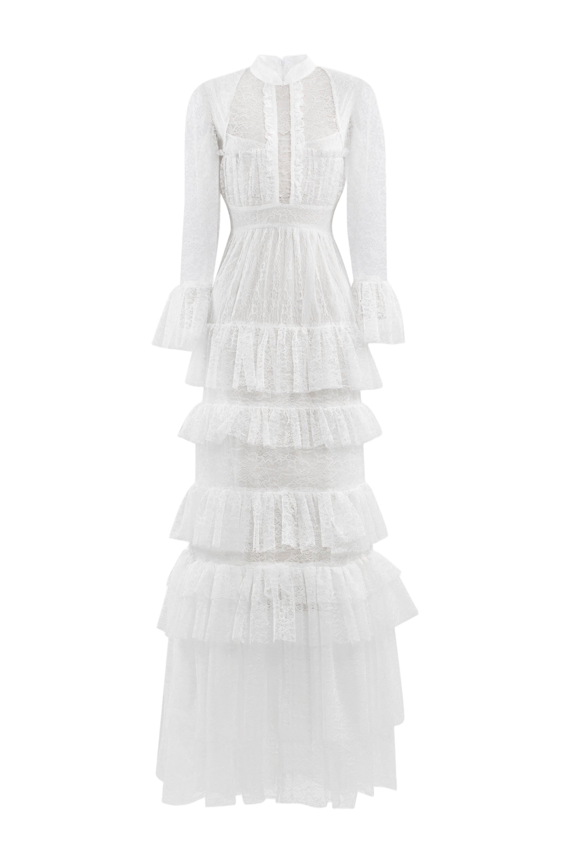 Off-White Lace Maxi Dress with Gathered Skirt and Long Sleeves
