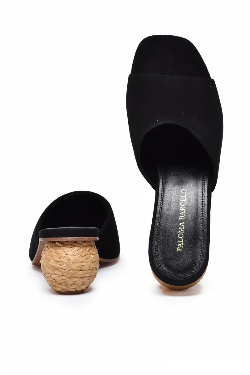Suede Mules Rafia Heel - Black