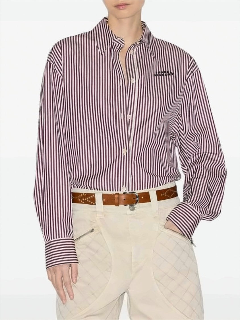 Vertical Stripe Burgundy Cotton Shirt with Button-Down Front