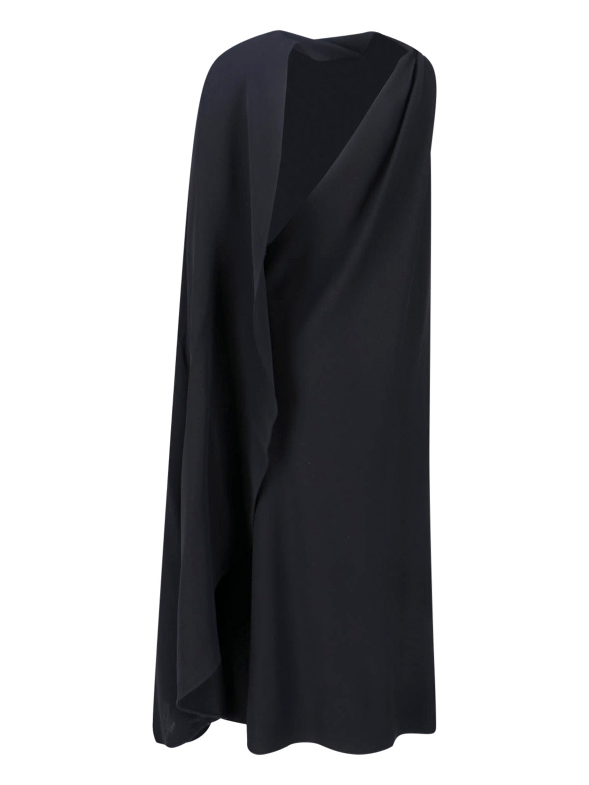 Black One-Shoulder Draped Wool Dress