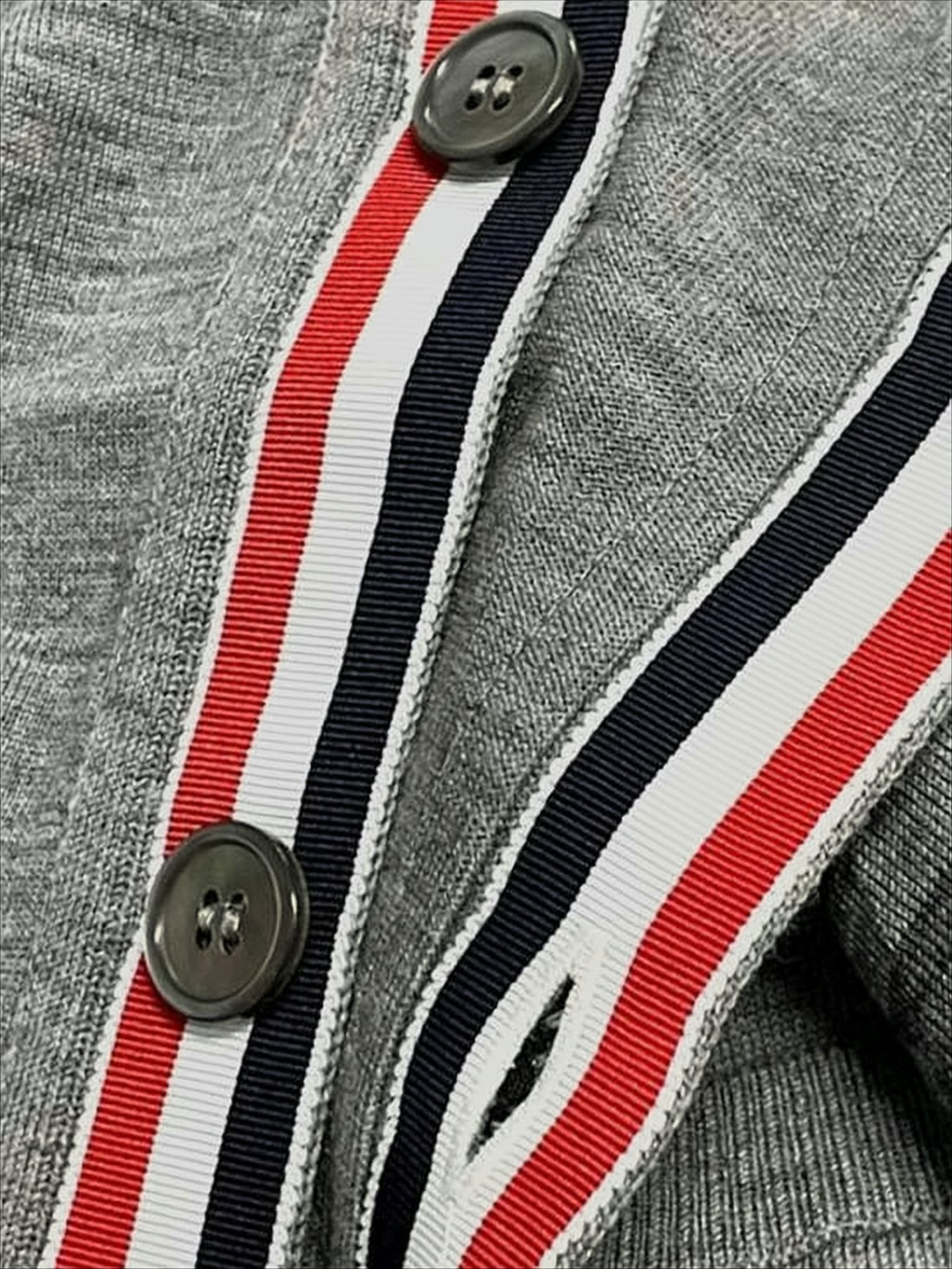 Merino Wool Cardigan with V-Neckline and Tricolor Ribbon Accent