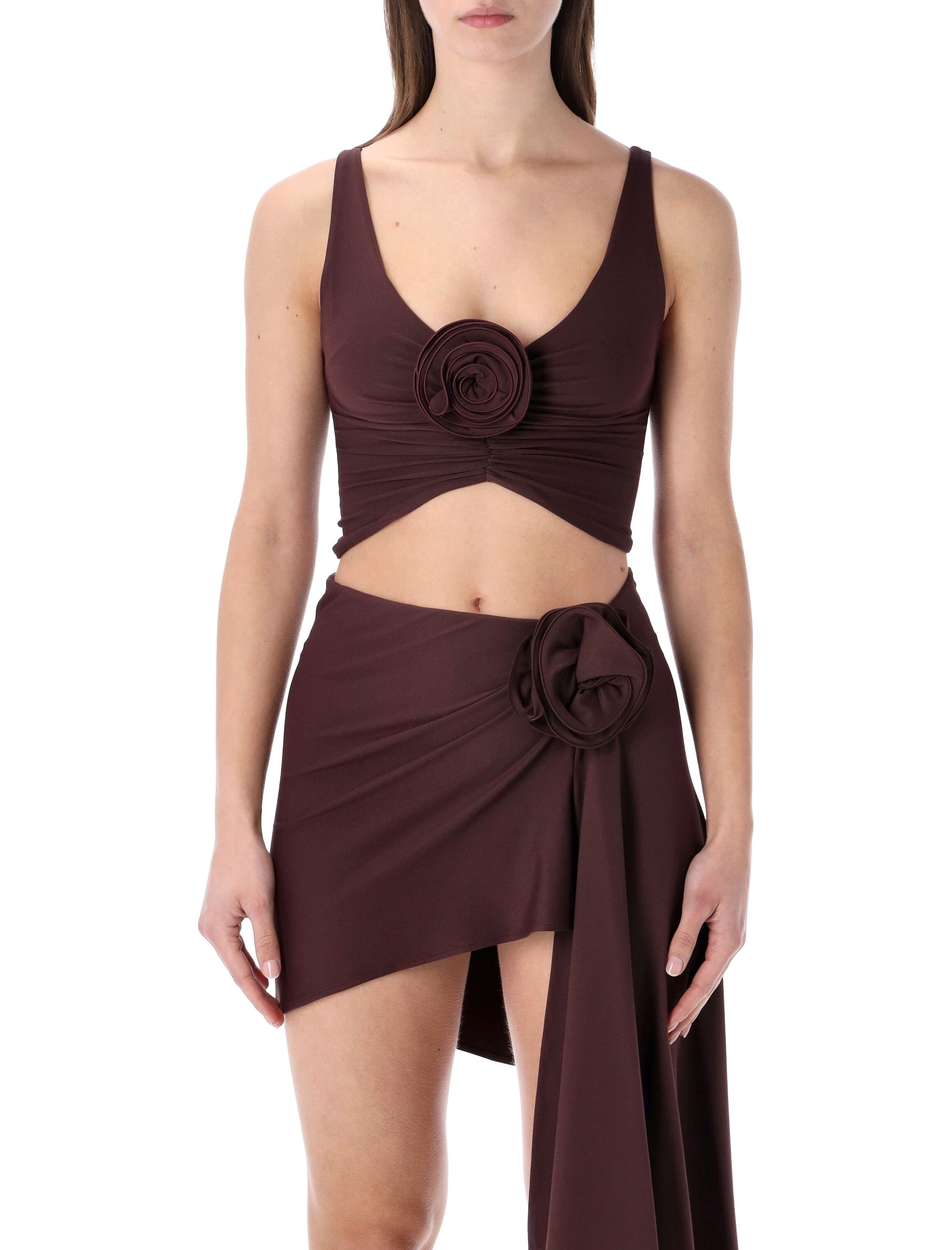 Slim-Fit Rosette Swim Top with Deep Neckline and Wide Straps
