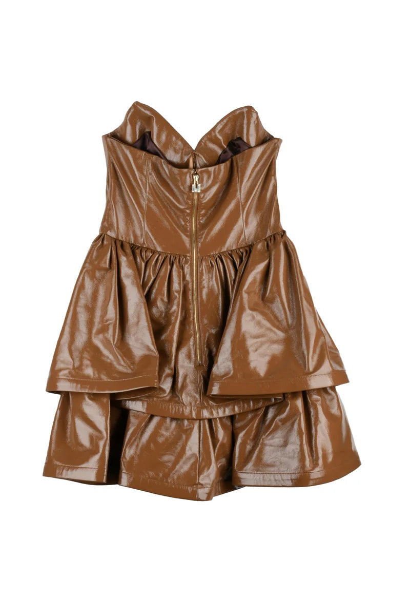 Short Faux Leather Dress Heart Neckline - Caramel