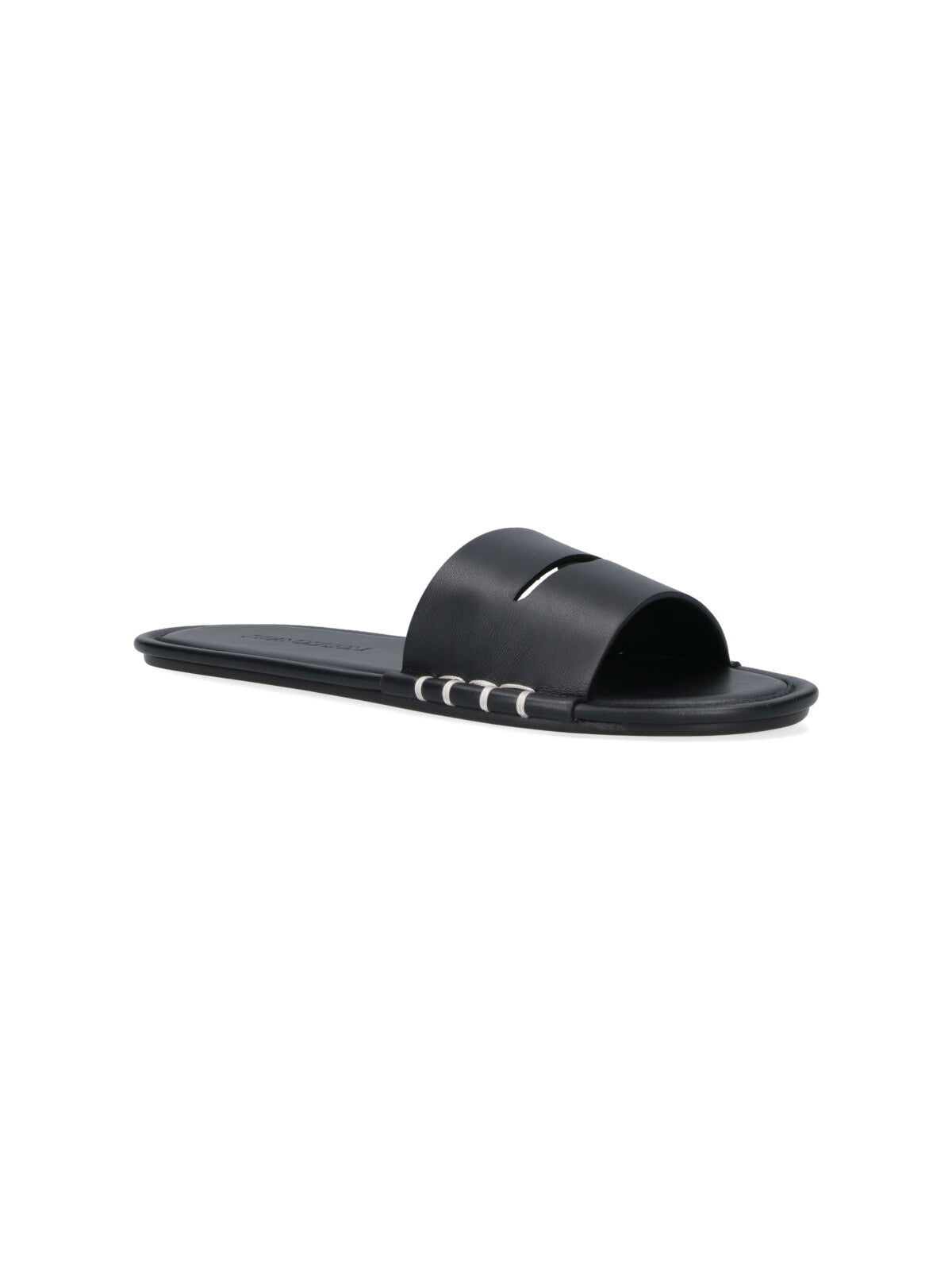 Open-Toe Calf Leather Slides with Contrast Stitching