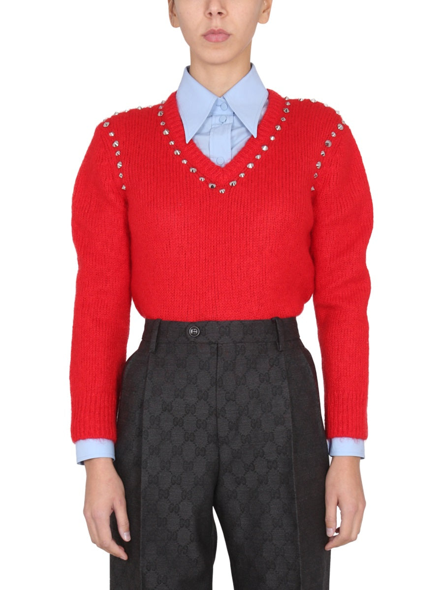 V-Neck Mohair Sweater with Studded Accents