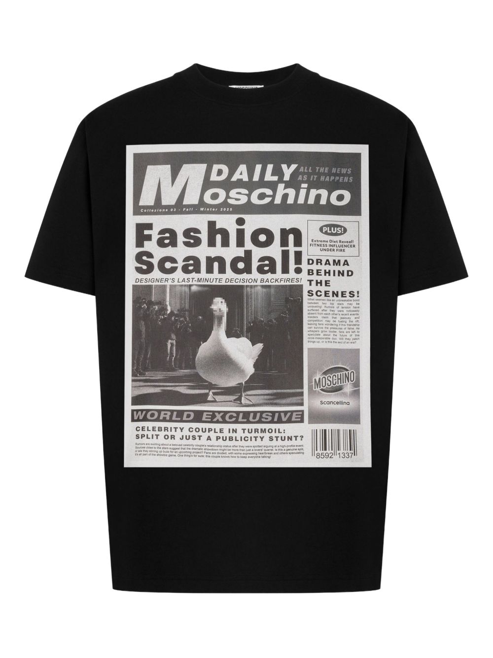 Newspaper-Style Graphic Black T-Shirt