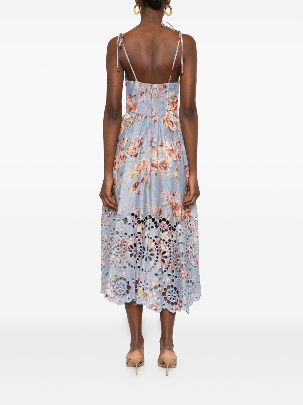 Floral Print Midi Dress With Scalloped Bodice