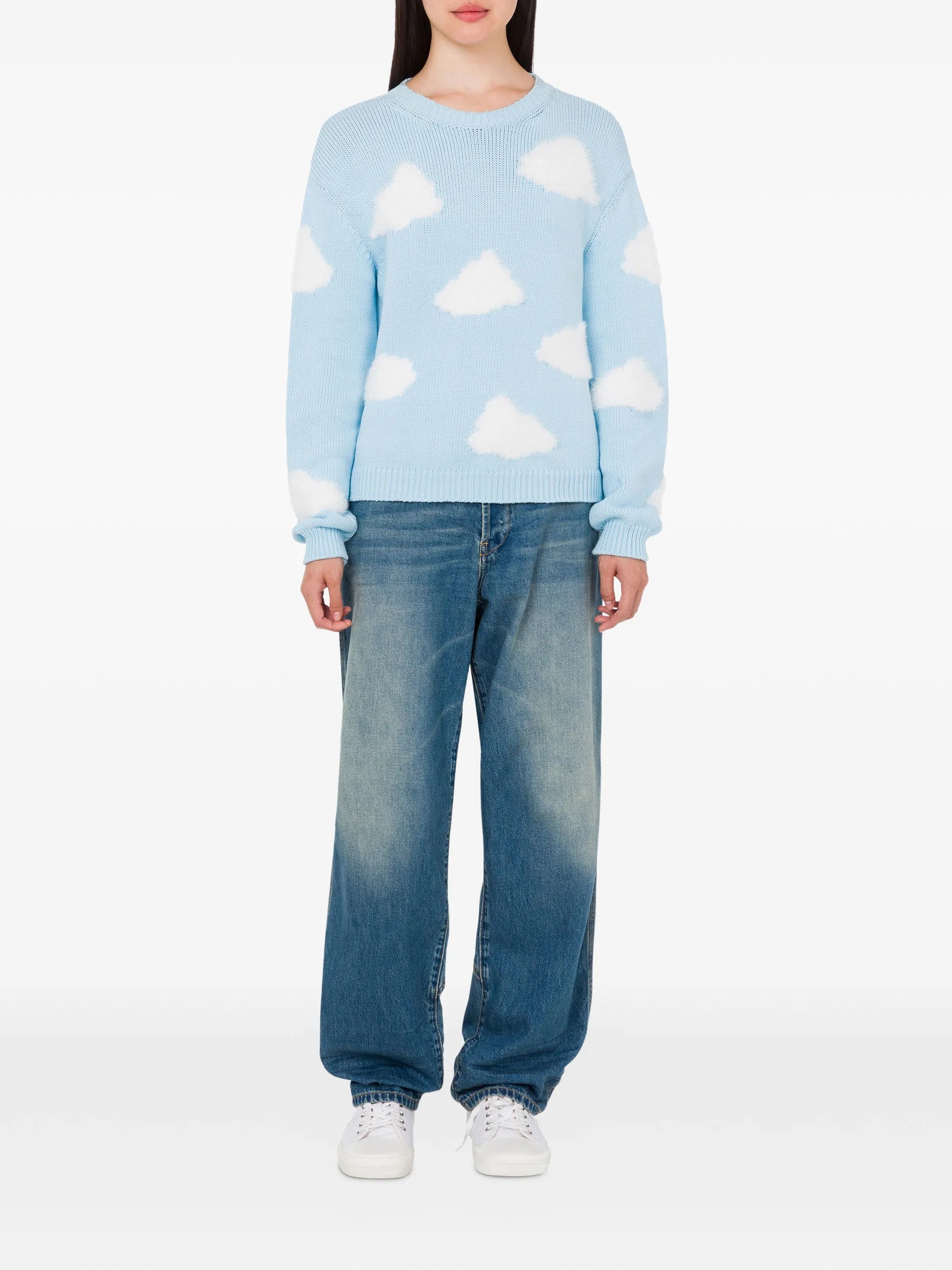 Light Blue Knitted Sweater With Cloud Patterns