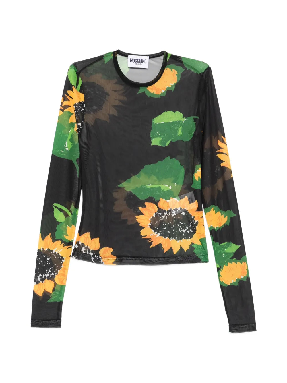 Sheer Black Long-Sleeve Top with Sunflower Print