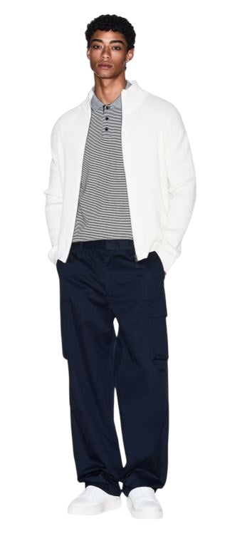 Ribbed Knit Cardigan With High Neck