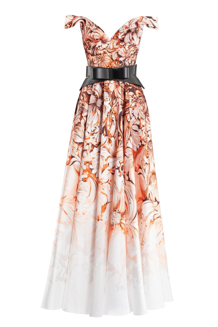 Mikado Printed Dress With Off-Shoulder Sleeves