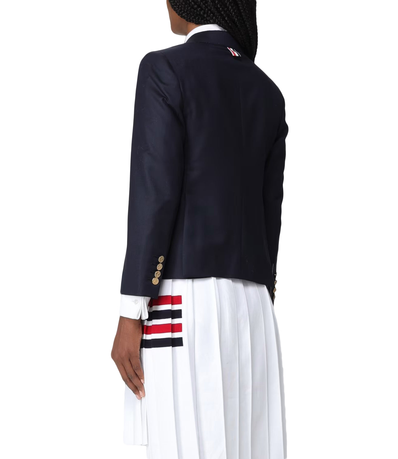 Tailored Black Wool Blazer with Striped Lining and Gold Accents