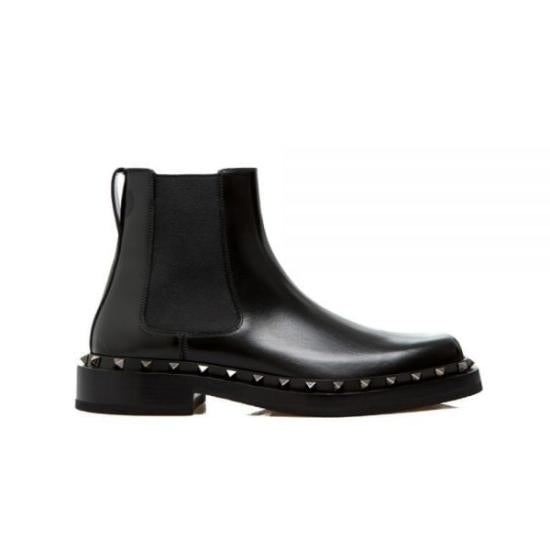 Black Leather Ankle Boots with Pyramid Stud Accents