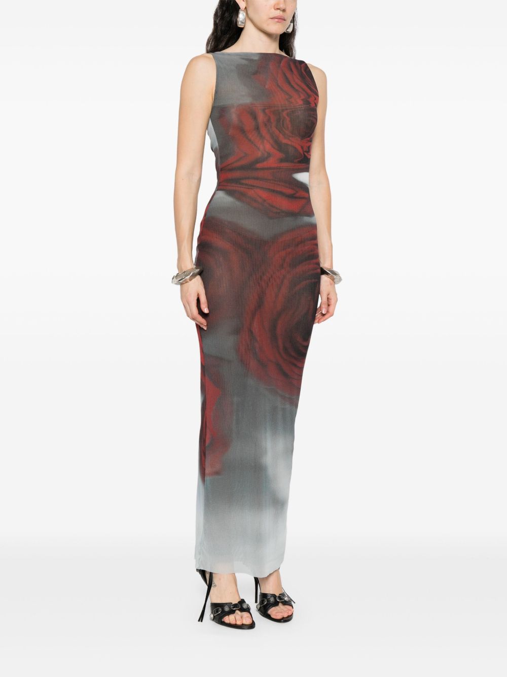 Dark Red Blurry Roses Print Sleeveless Tulle Maxi Dress