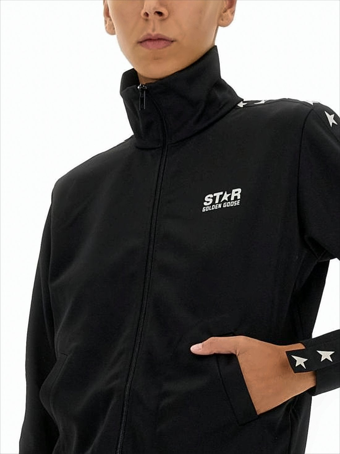 Black Zip-Up Track Jacket With Logo And Star Motifs