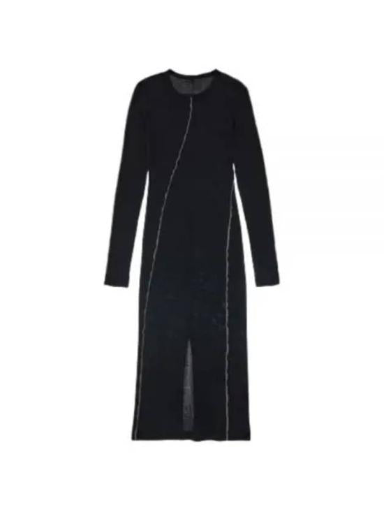 Long-Sleeved Black Midi Dress with Front Slit and Contrasting Stitching