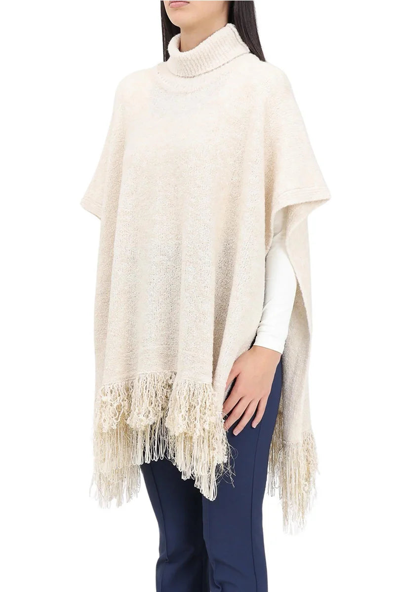 Textured Knit Poncho with Fringed Edges