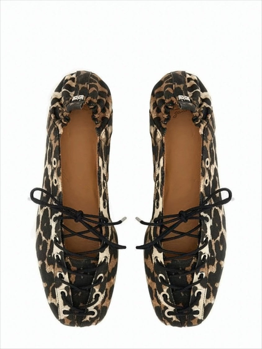 Leopard Print Lace-Up Flat Shoes With Gathered Back