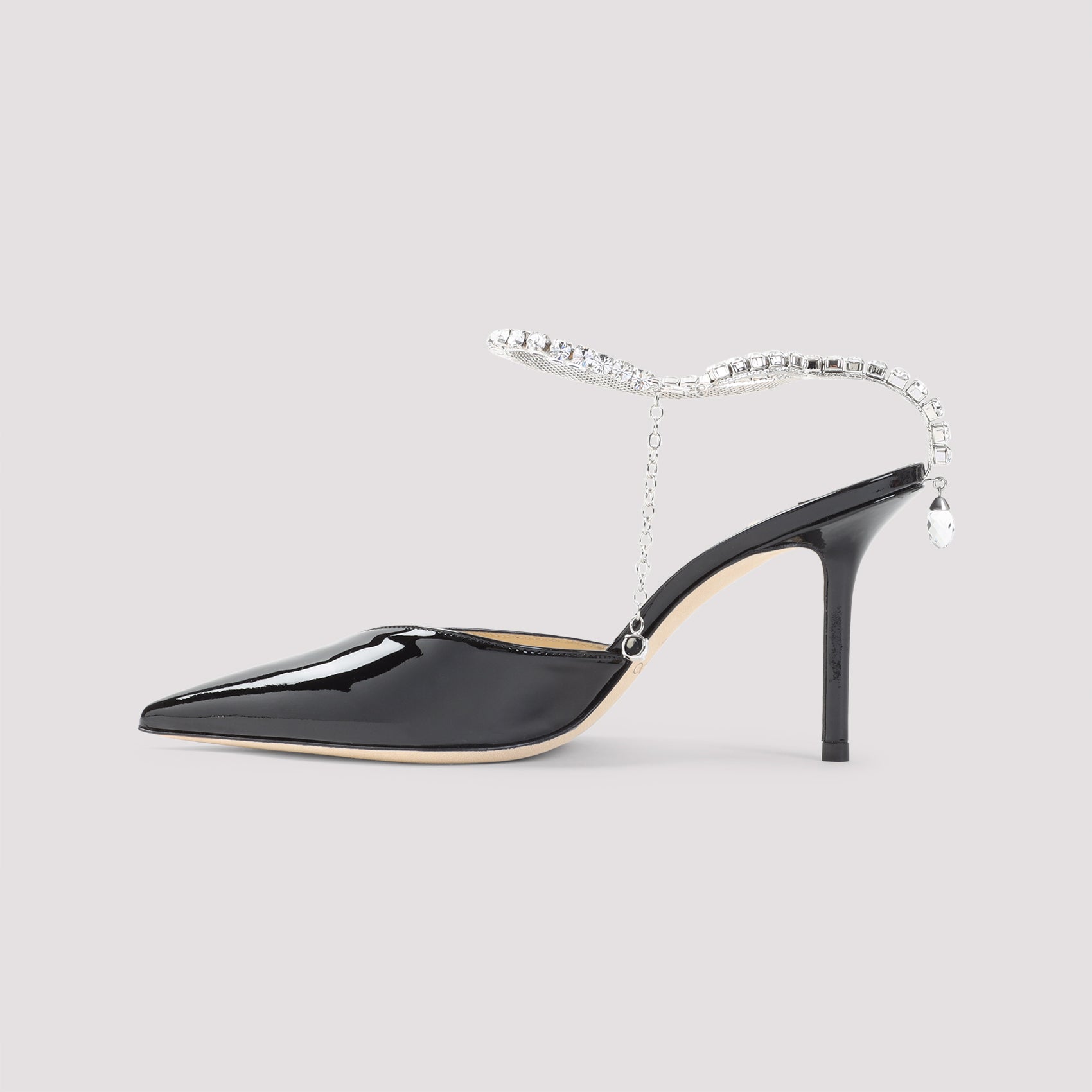 Crystal-Embellished Ankle Strap Patent Leather Pumps