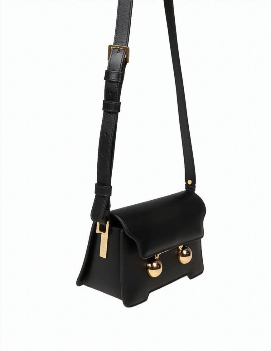 Structured Black Leather Shoulder Bag with Gold-tone Accents