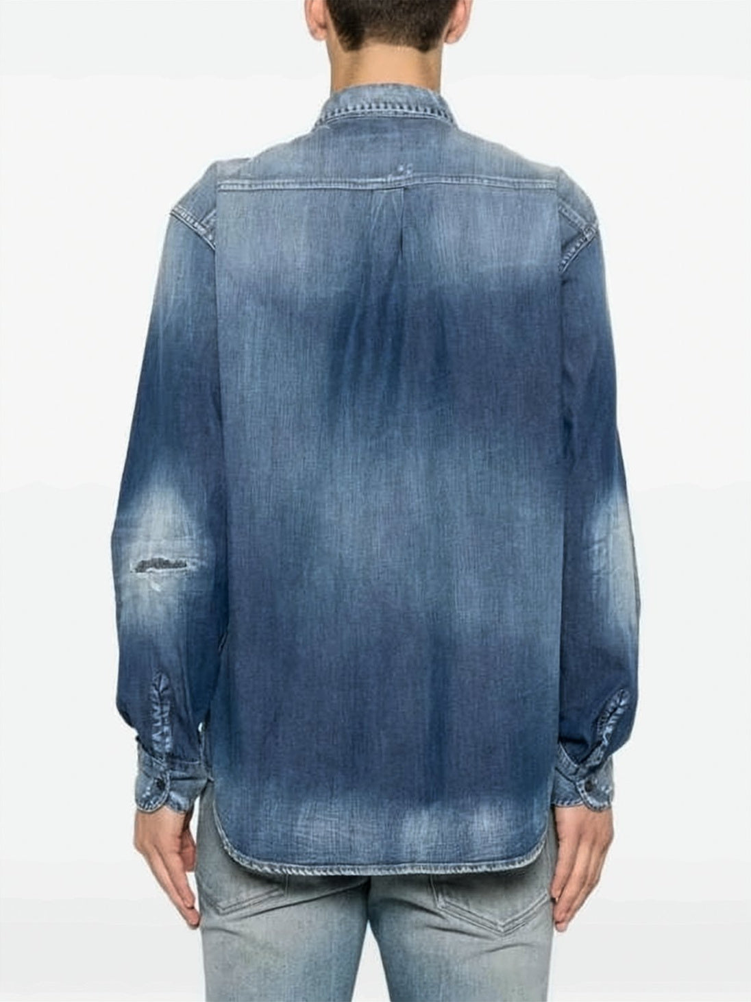 Blue Long-Sleeve Distressed Wash Denim Shirt