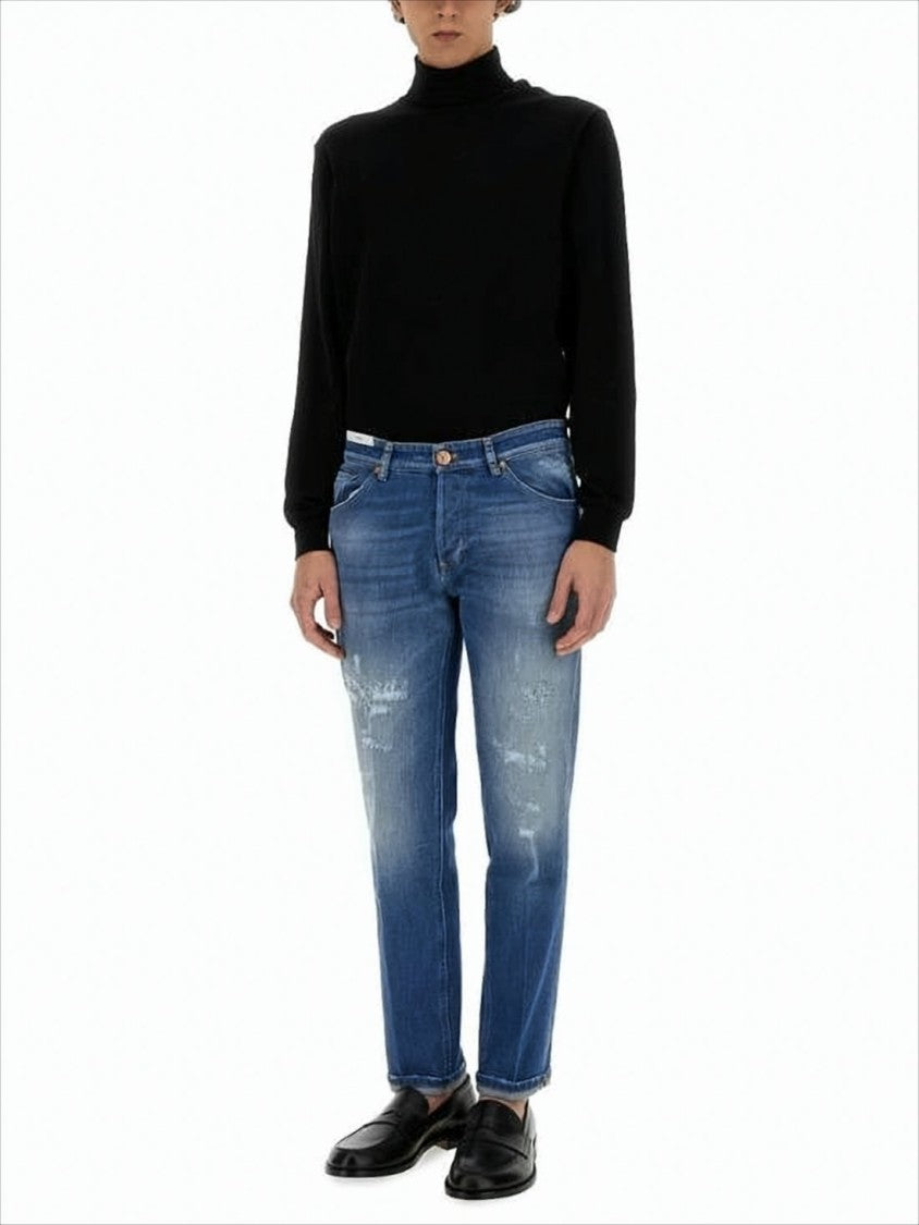 Medium Blue Wash Denim Trousers With Tapered Leg And Distressed Details