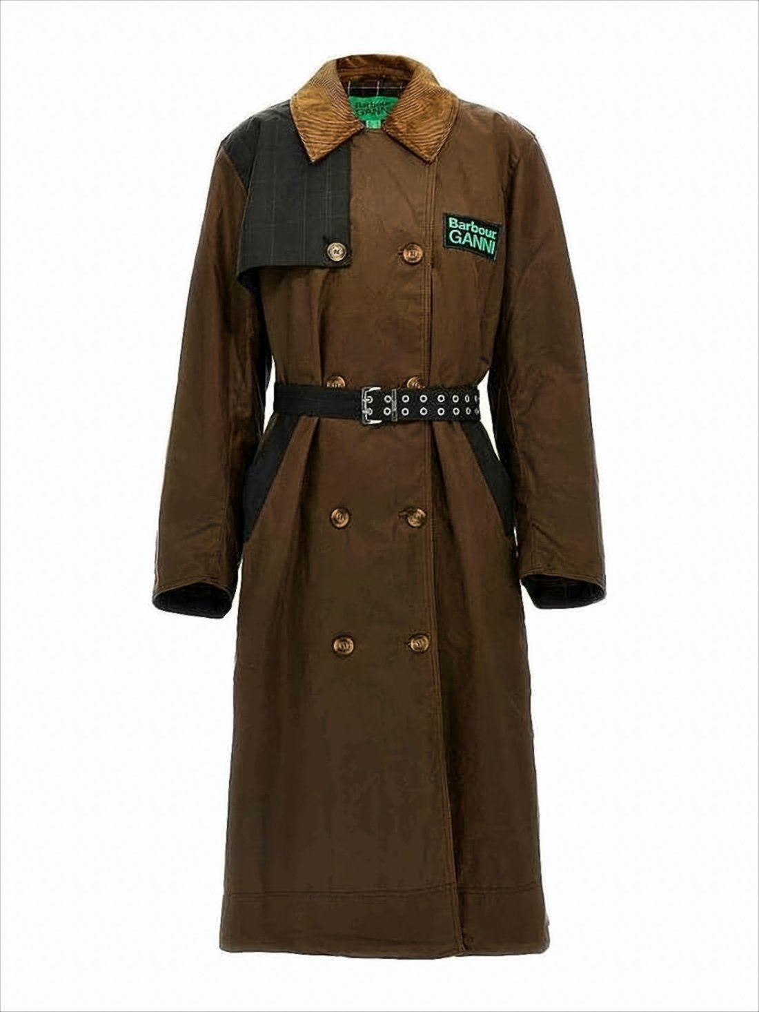 Double-Breasted Long Coat With Belted Waist And Corduroy Collar