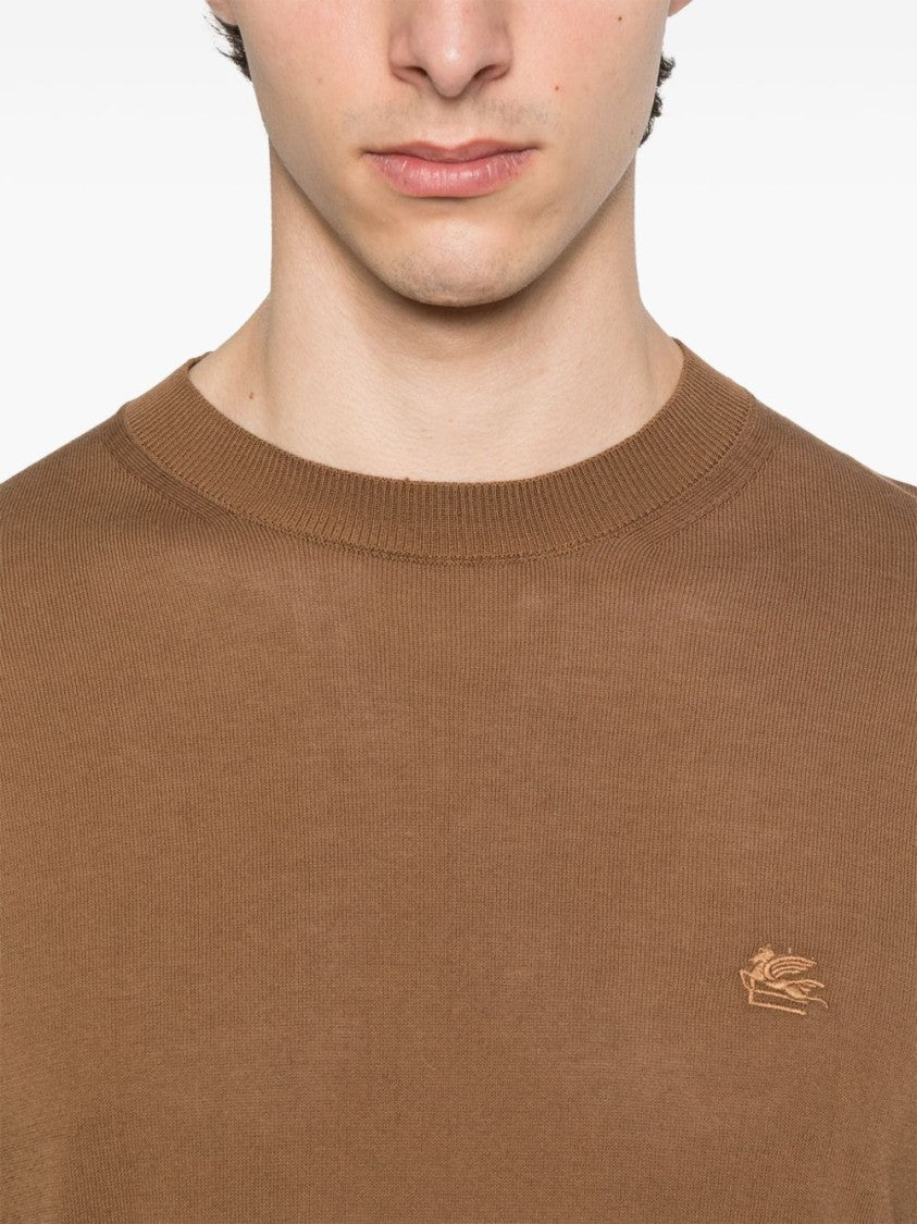 Solid Brown Cotton Sweater with Crew Neckline