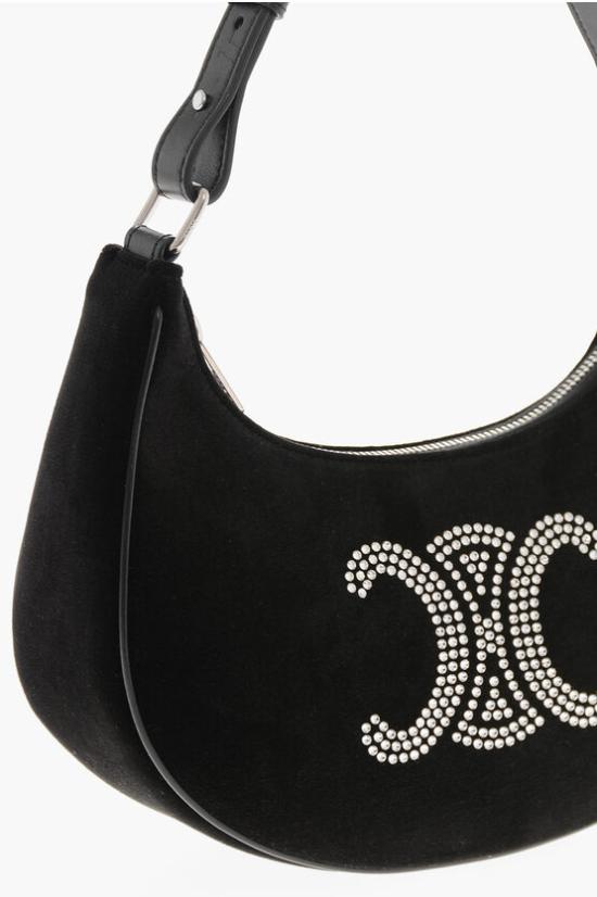 Crescent-Shape Velvet Shoulder Bag with Embellished Logo