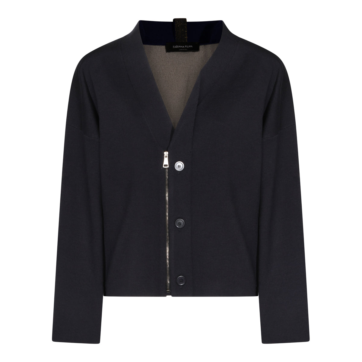 Navy V-Neck Zip Knit Top