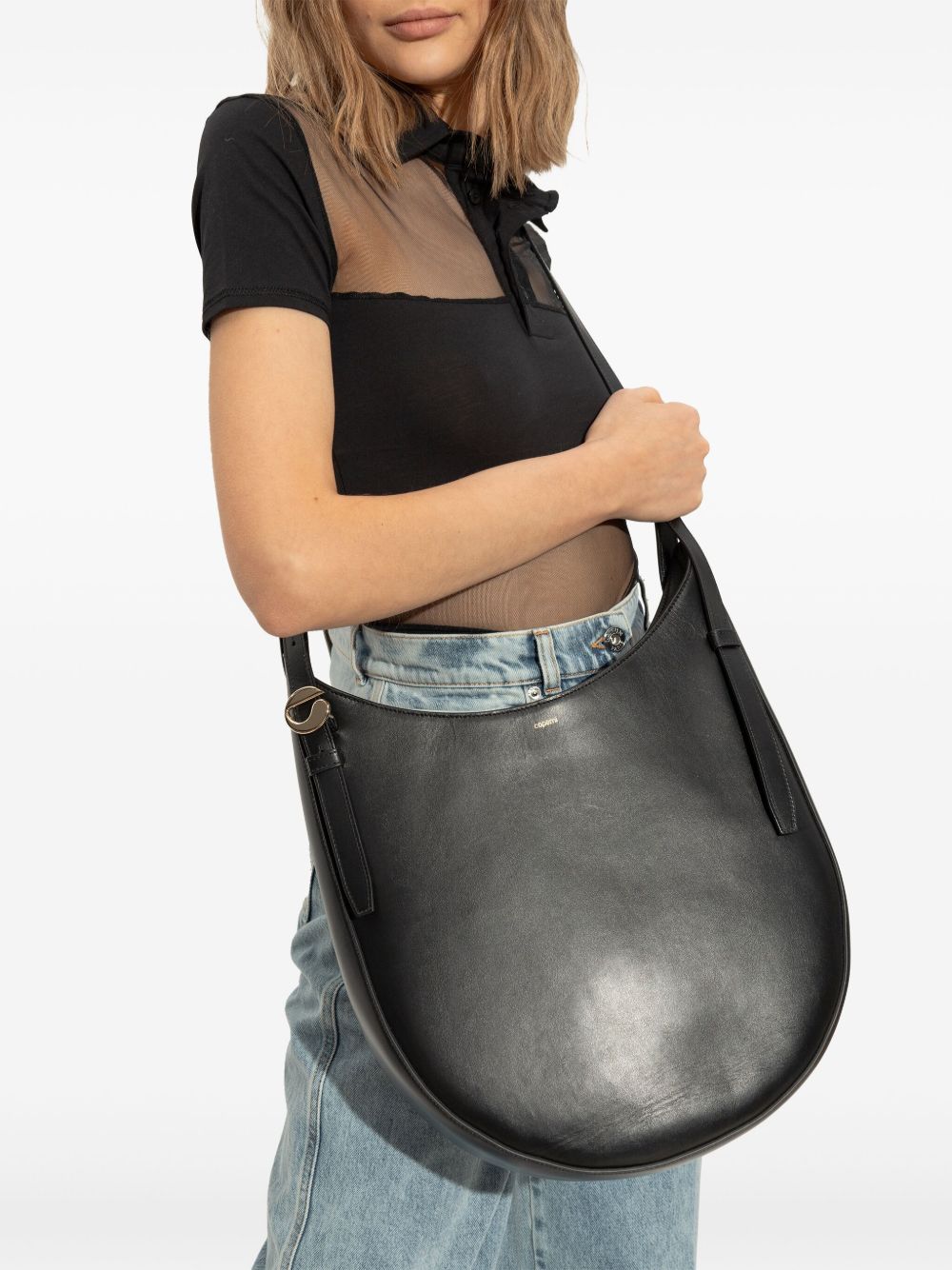 Curved Black Calf Leather Shoulder Bag