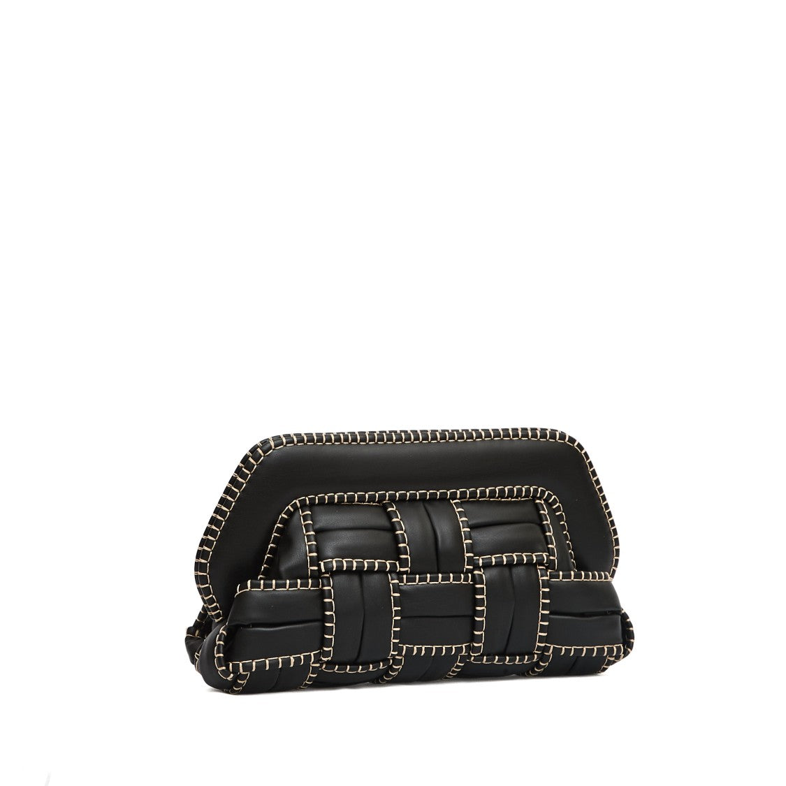 Structured Black Vegan Leather Clutch With Beige Stitching