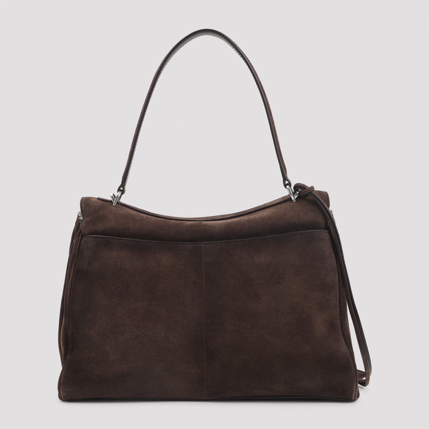 Spacious Brown Leather Handbag With Silver-Tone Closure