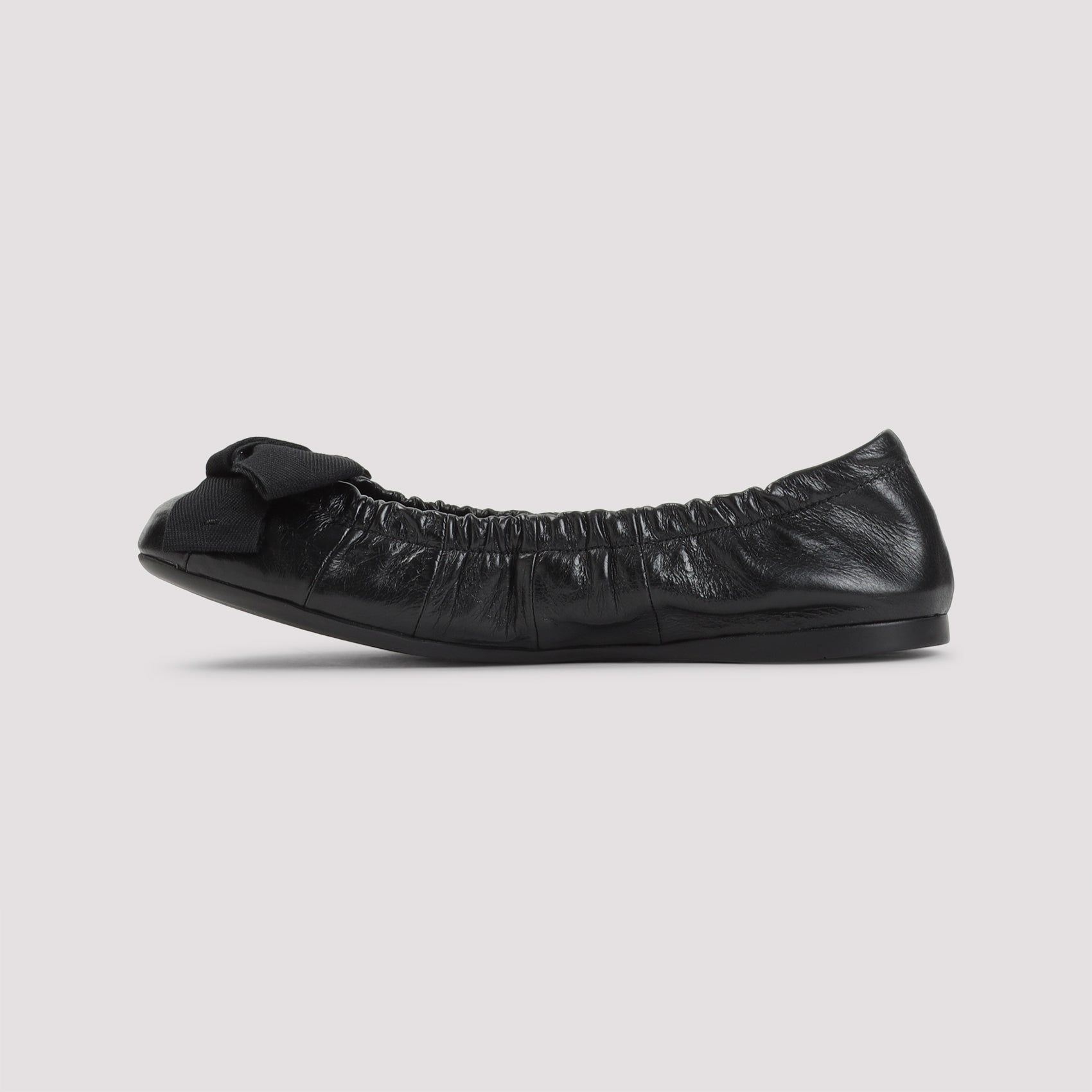 Gathered Black Calf Leather Ballerina Flats