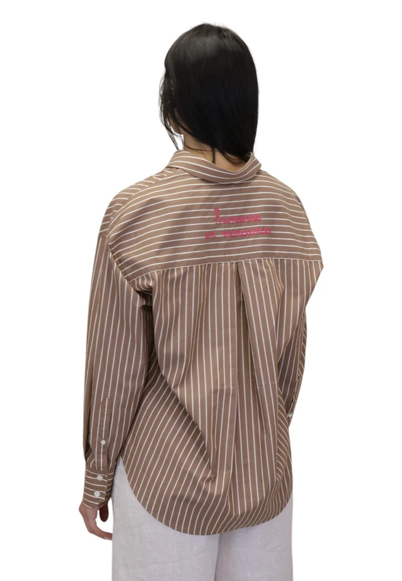 Brown Pinstripe Relaxed-Fit Shirt with Embroidered Detail
