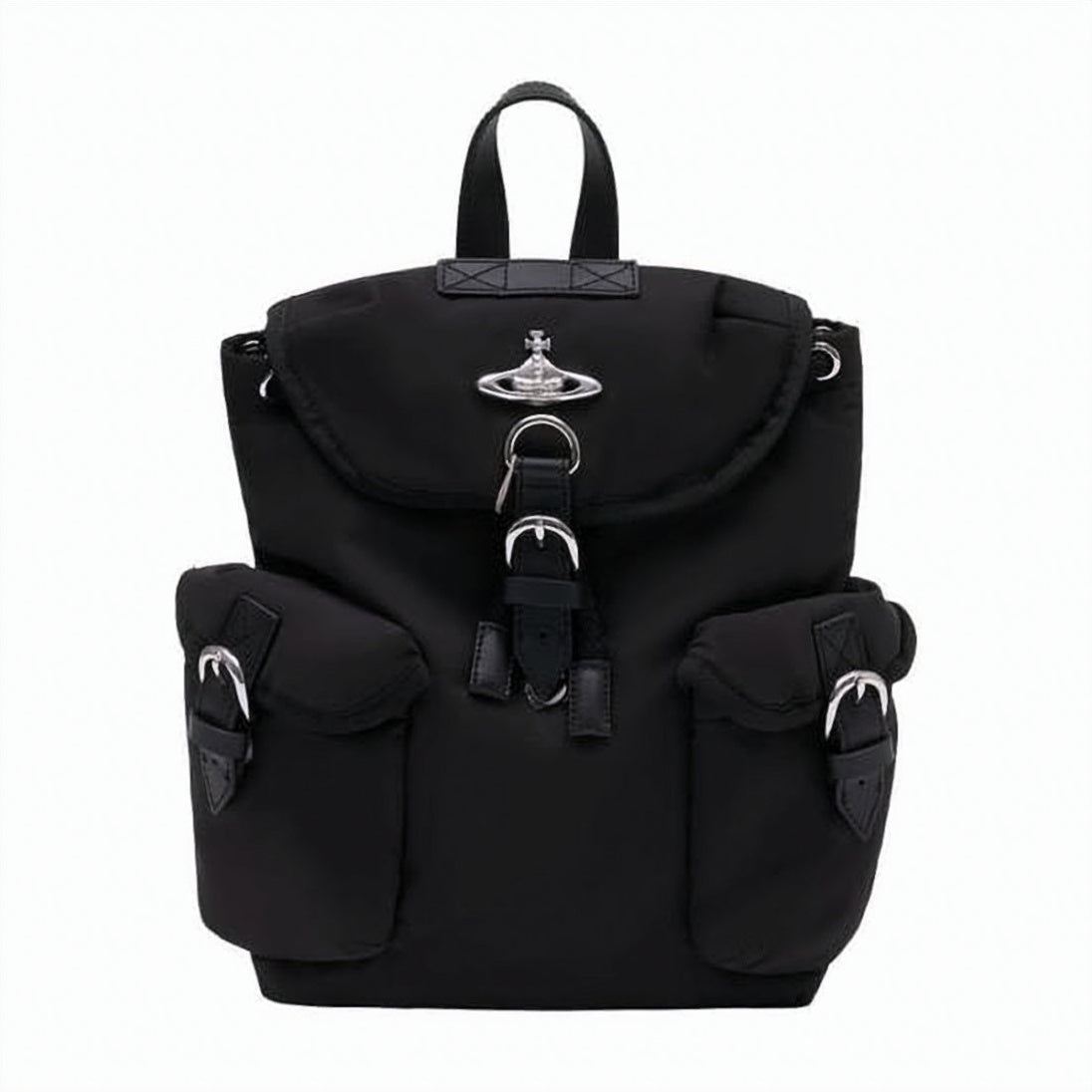 Black Polyester Backpack with Silver Emblem