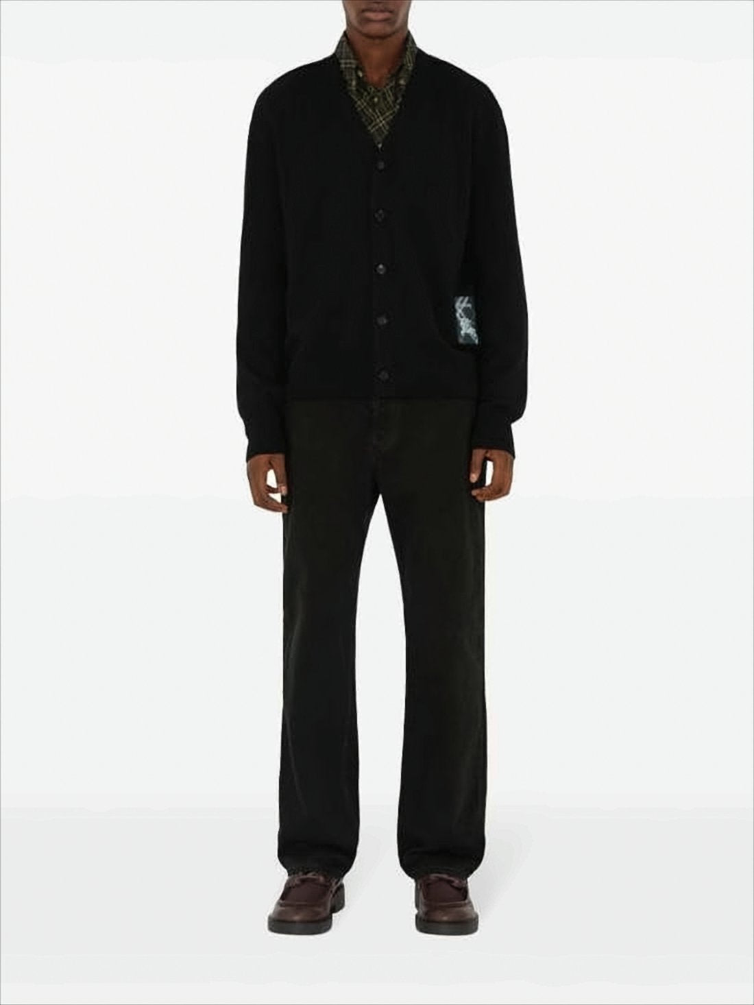 Classic V-Neck Black Wool Cardigan With Subtle Patch Detail