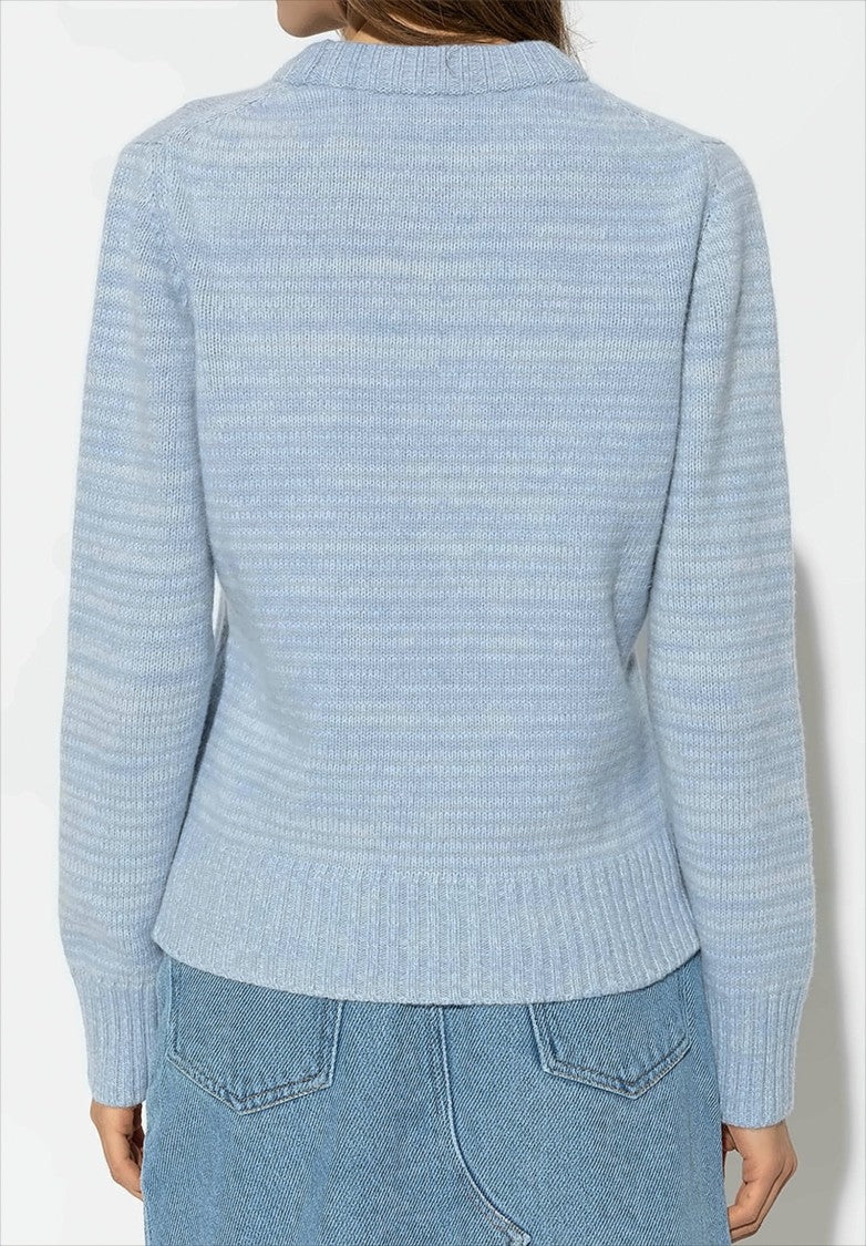 Textured Blue Wool Blend Pullover Sweater with Abstract Graphic