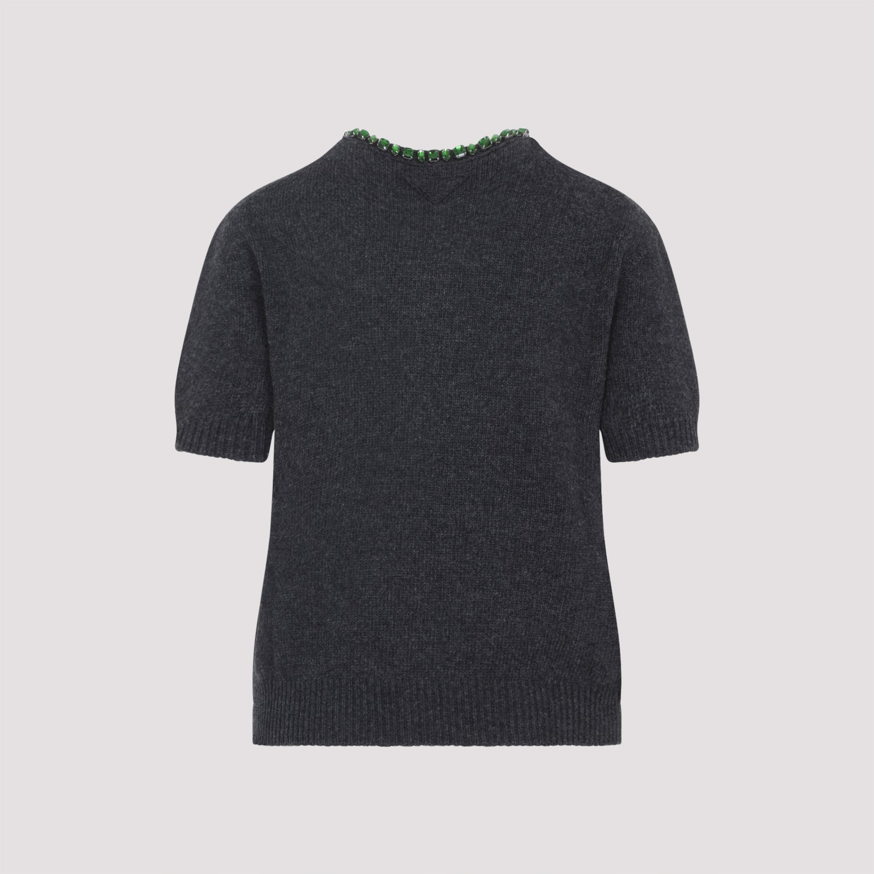 Short-Sleeved Cashmere-Wool Blend Sweater With Jewel Embellishments