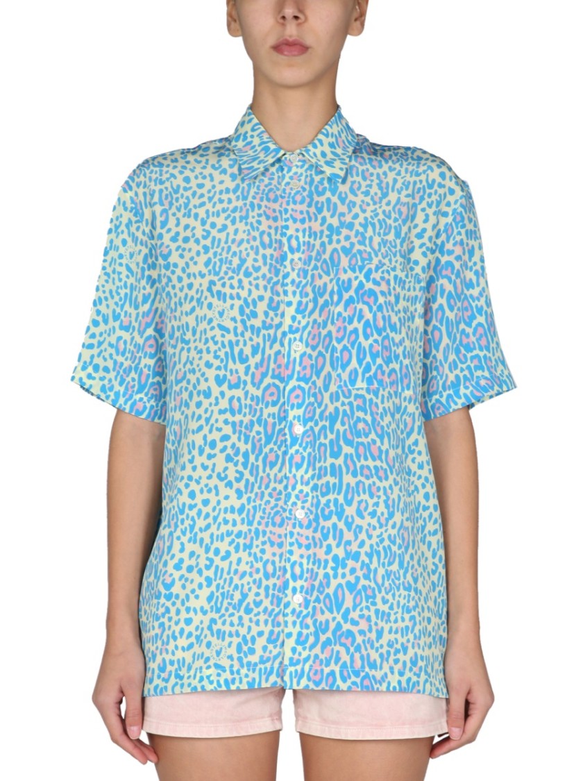 Short-Sleeved Silk Top With Pointed Collar